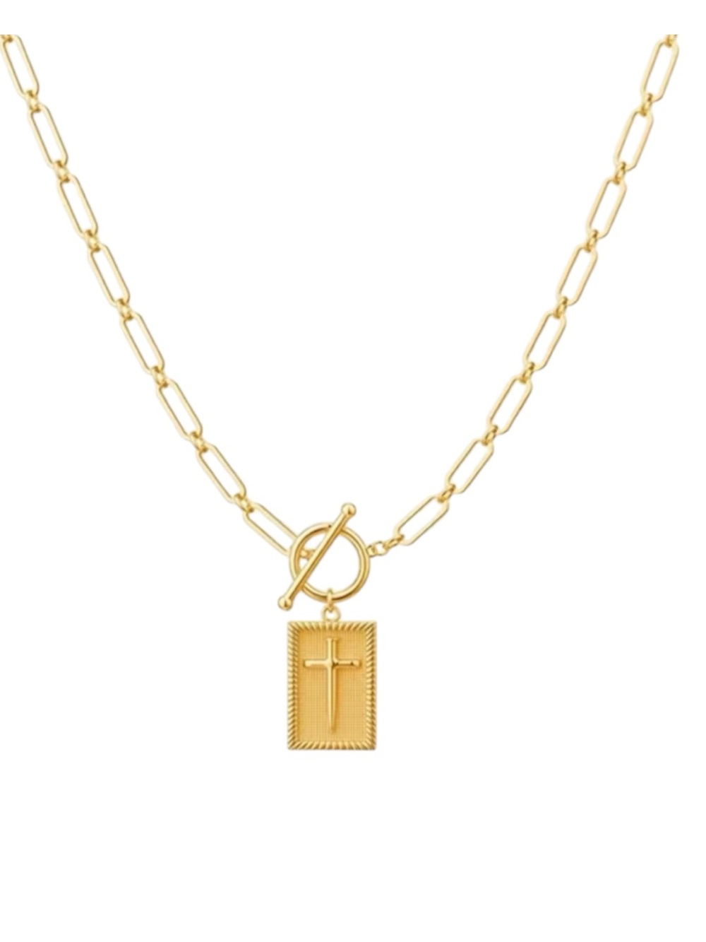 Gold Cross Pendant Necklace Paperclip Chain Toggle Faith Jewelry